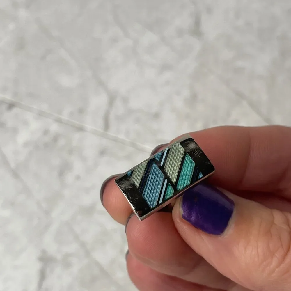 Cuff Links Silvertone Rectangular Inlaid Blue Green Stripes